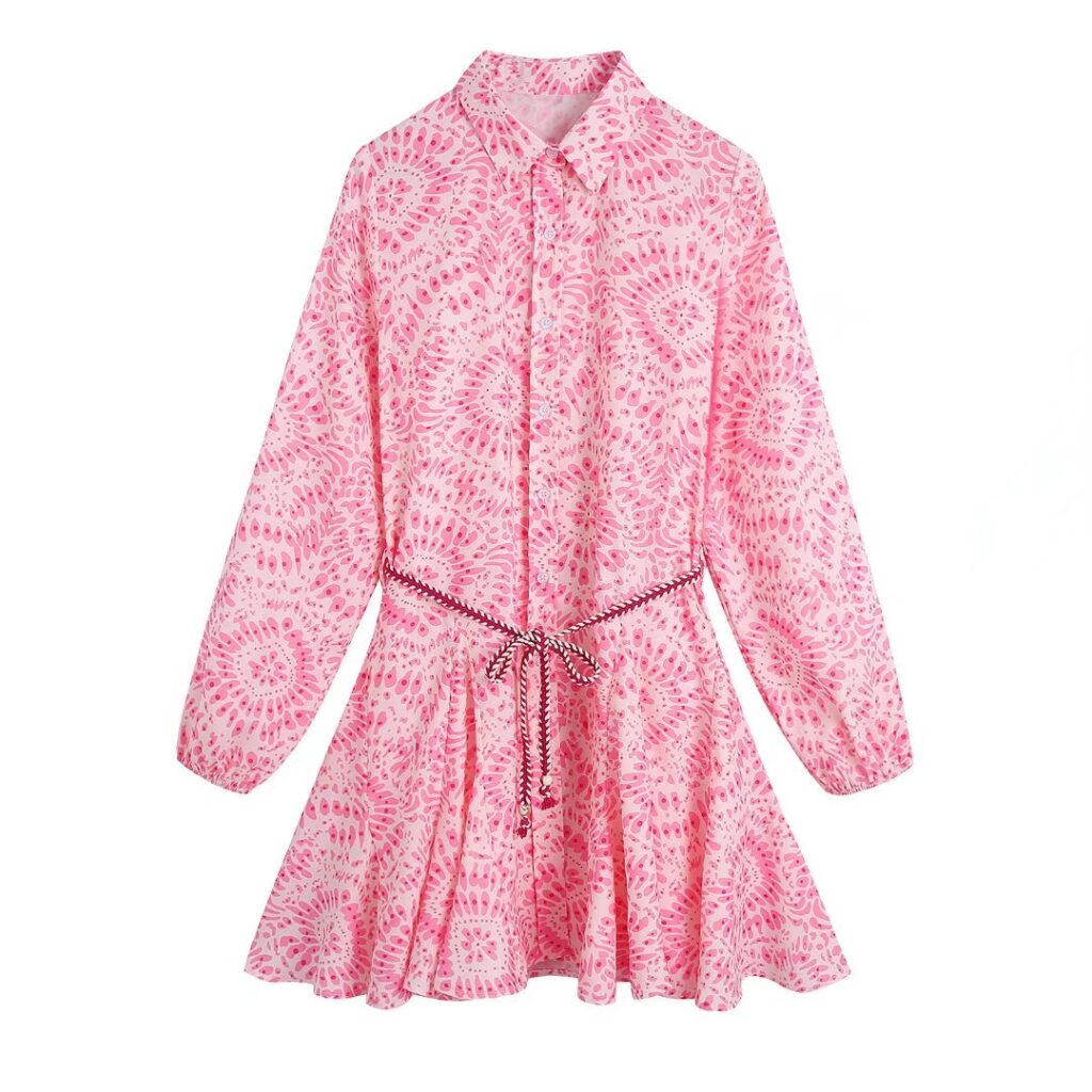 Summer Printing Collared Single-Breasted Long Sleeve Lace-up Mini Dress - Image 2