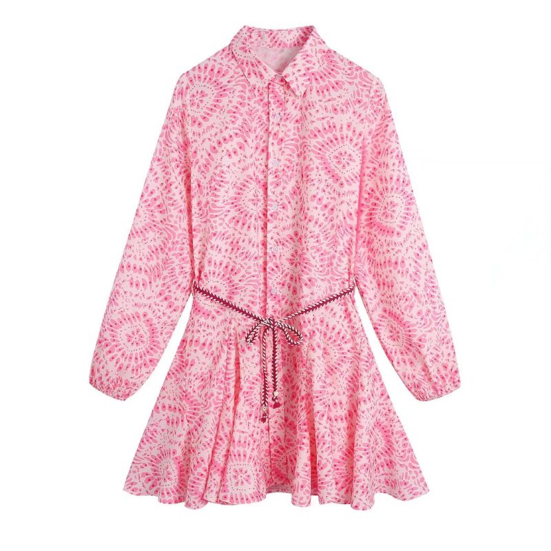 Summer Printing Collared Single-Breasted Long Sleeve Lace-up Mini Dress - Image 2