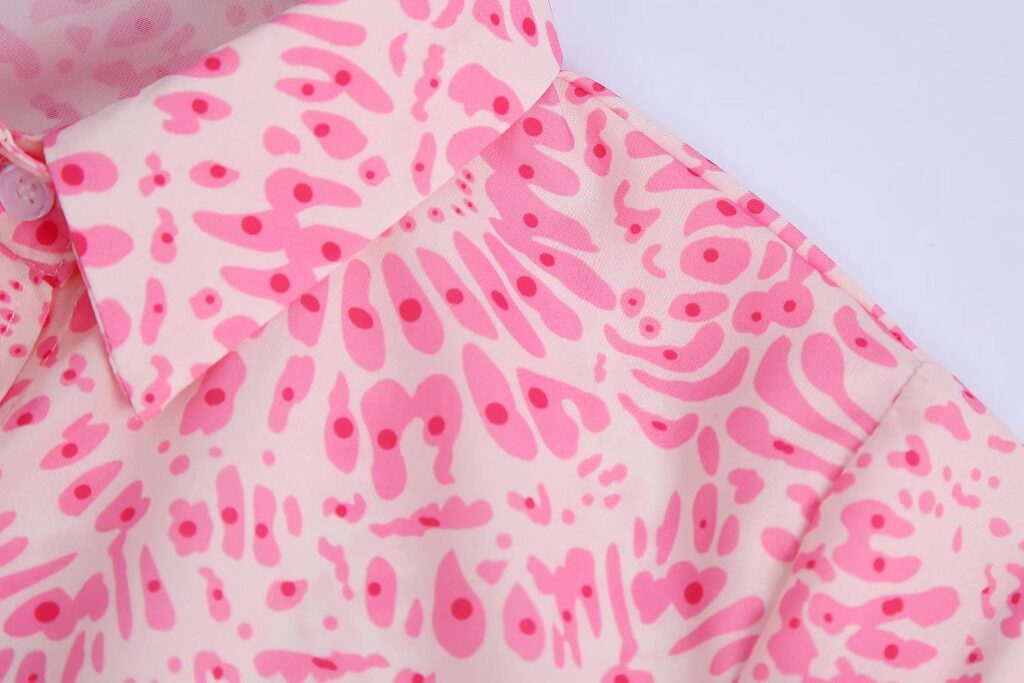 Summer Printing Collared Single-Breasted Long Sleeve Lace-up Mini Dress - Image 4