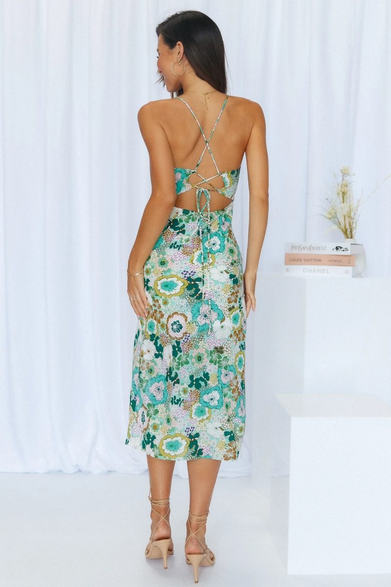Summer Suspenders Floral Print Lace-up Slit Hemline at Hem Dress Women Sundress - Image 2