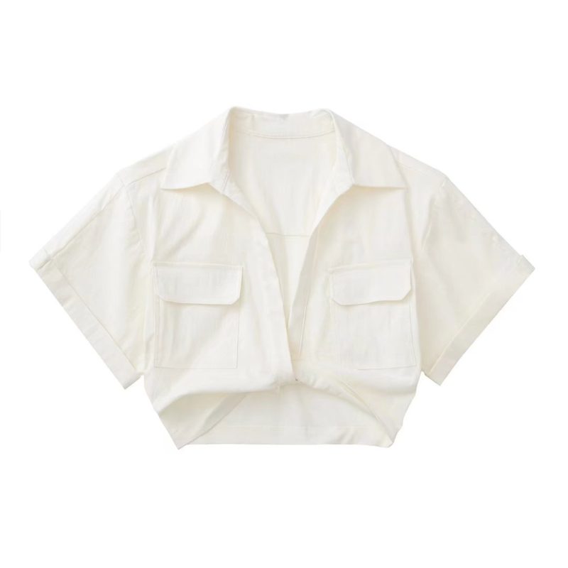 Summer Women Clothing Street Short Sleeve Stretch Linen Blended Short Shirt - Image 5