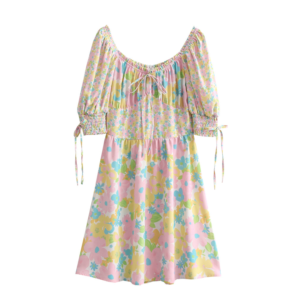 Spring Women Clothes New Casual Short Sleeve Stitching Ruffled Tied Dress - Image 4