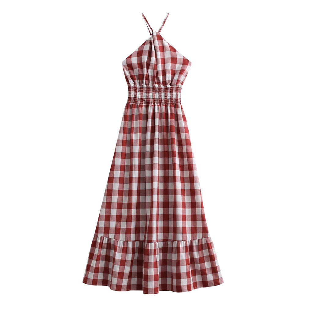 Summer New Women Clothing Sexy Backless Halter Plaid Slip Dress Tiered Dress - Image 5