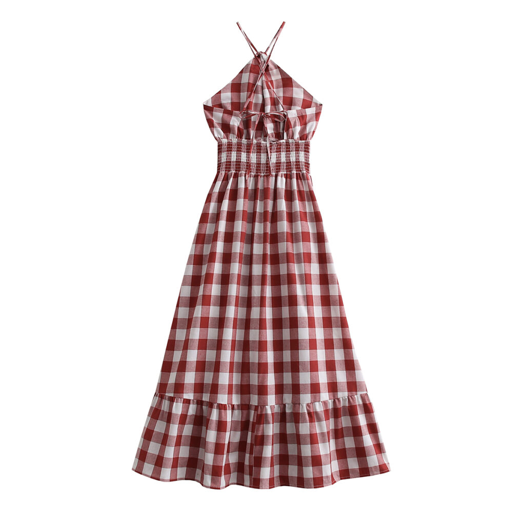 Summer New Women Clothing Sexy Backless Halter Plaid Slip Dress Tiered Dress - Image 6