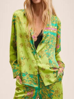 Summer New Fashion Retro Collared Single Breasted Green Long-Sleeved Shirt Women