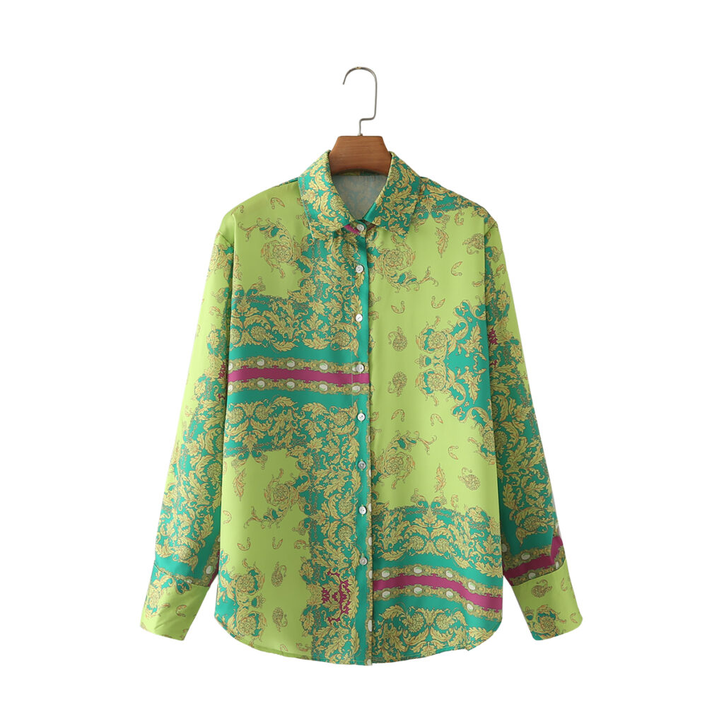 Summer New Fashion Retro Collared Single Breasted Green Long-Sleeved Shirt Women - Image 2