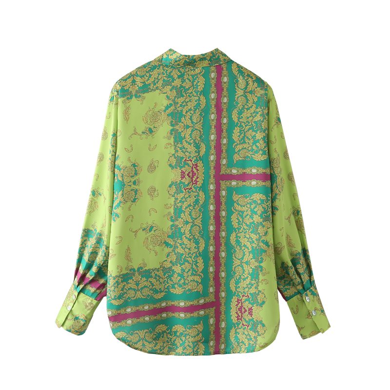Summer New Fashion Retro Collared Single Breasted Green Long-Sleeved Shirt Women - Image 3