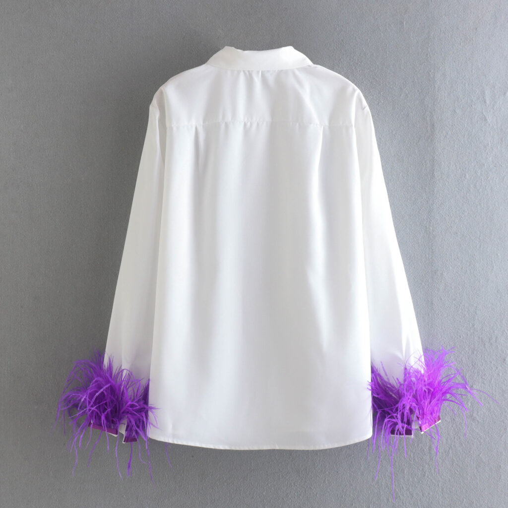 Spring New Fashionable Loose Collared Long Sleeves Purple Feather Stitching Poplin Shirt - Image 3