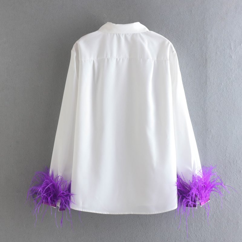 Spring New Fashionable Loose Collared Long Sleeves Purple Feather Stitching Poplin Shirt - Image 3