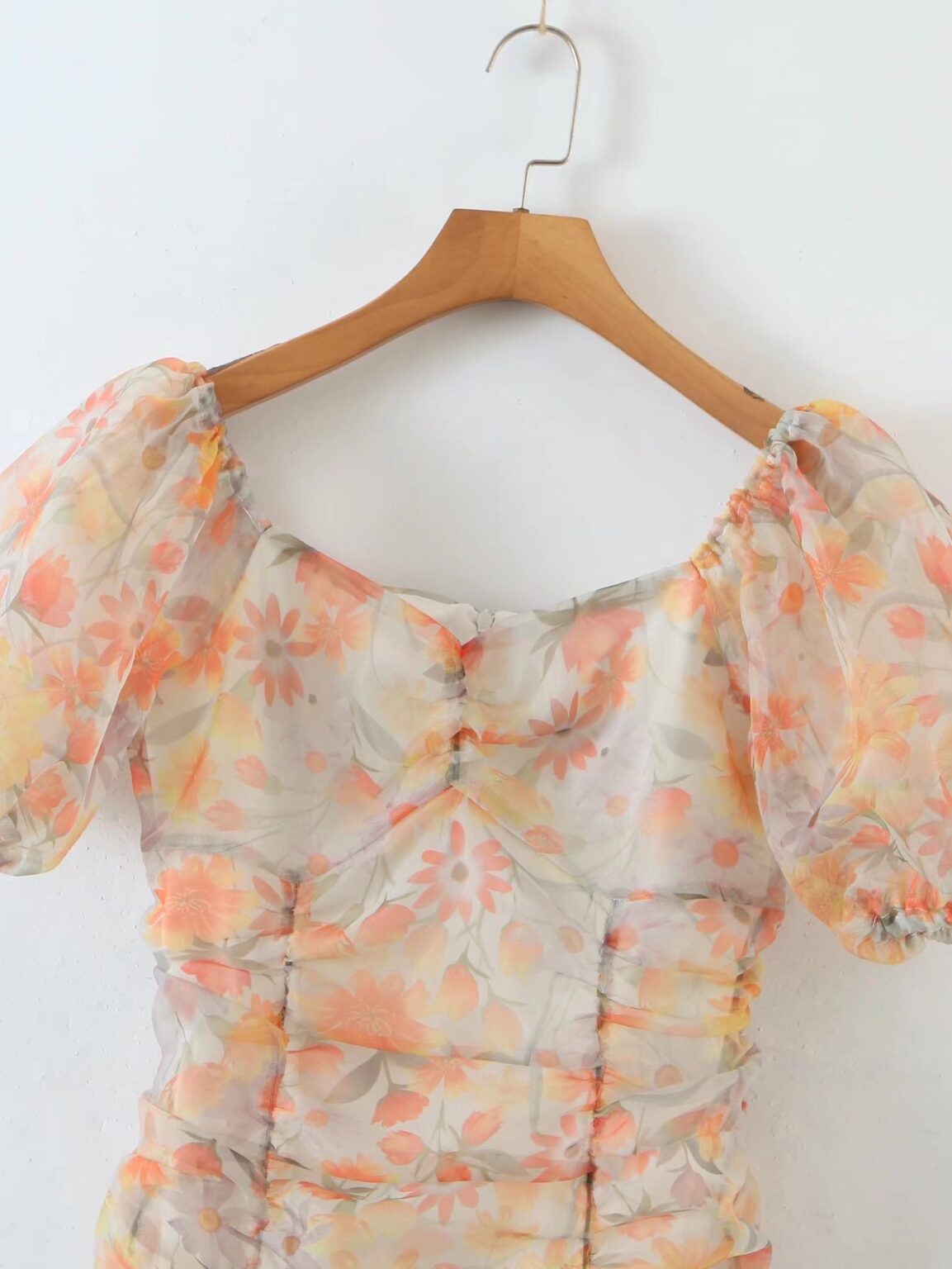 Women Clothing Summer New Square Collar Pleated Print Organza Sheath Dress for Women - Image 2