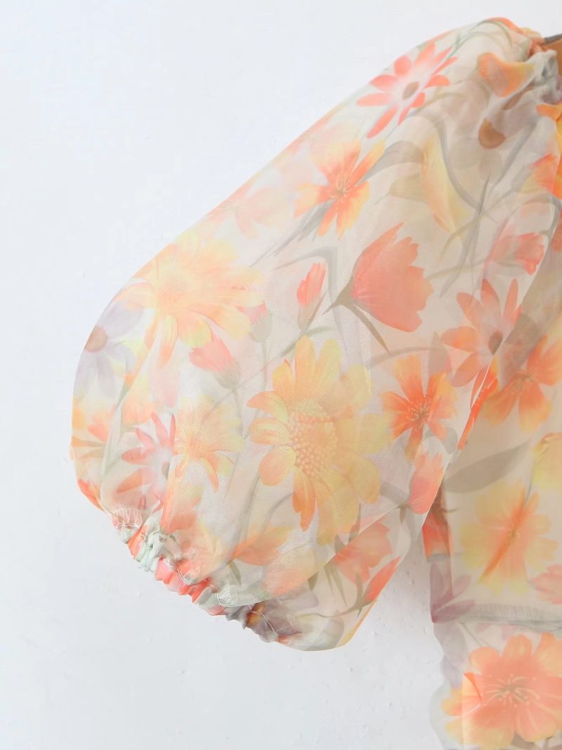 Women Clothing Summer New Square Collar Pleated Print Organza Sheath Dress for Women - Image 3