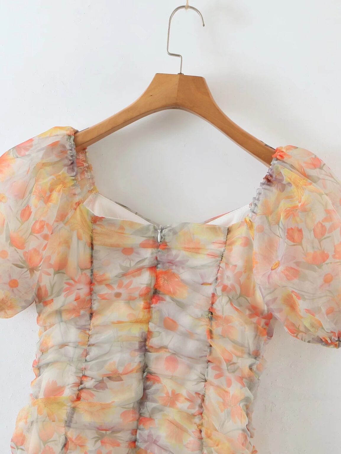 Women Clothing Summer New Square Collar Pleated Print Organza Sheath Dress for Women - Image 4