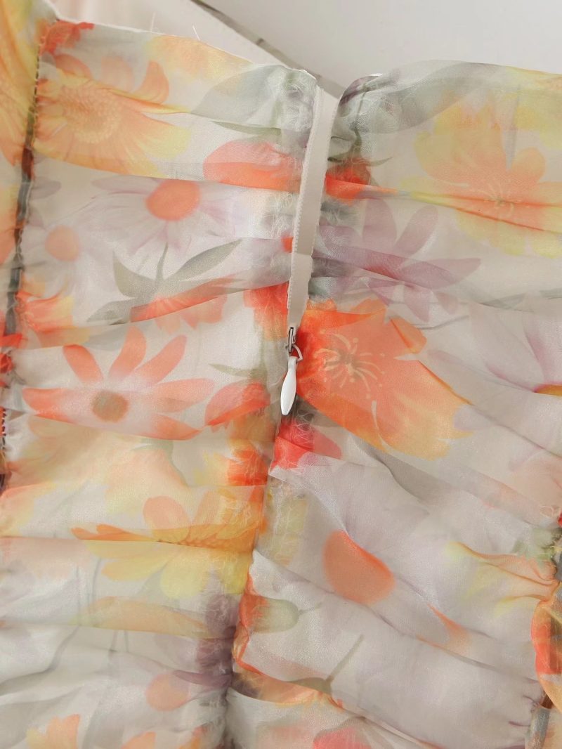 Women Clothing Summer New Square Collar Pleated Print Organza Sheath Dress for Women - Image 5