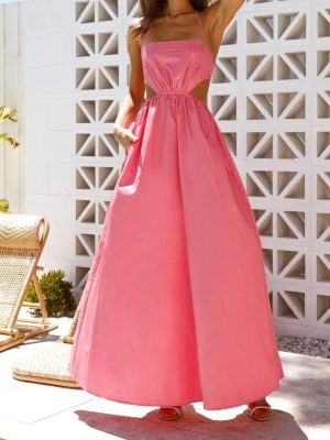 Women Clothing Office Maxi Dress Solid Color High Waist Watermelon Red Dress Halter Type Wrapped Chest Large Swing  Sundress