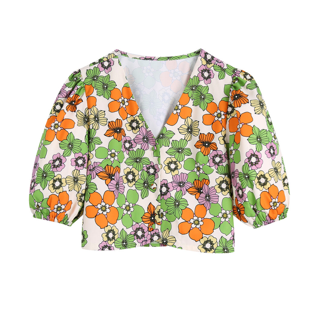 Summer Women Clothing Floral Printed V-neck Puff Sleeve Short Shirt Top
