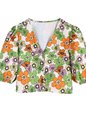 Summer Women Clothing Floral Printed V-neck Puff Sleeve Short Shirt Top