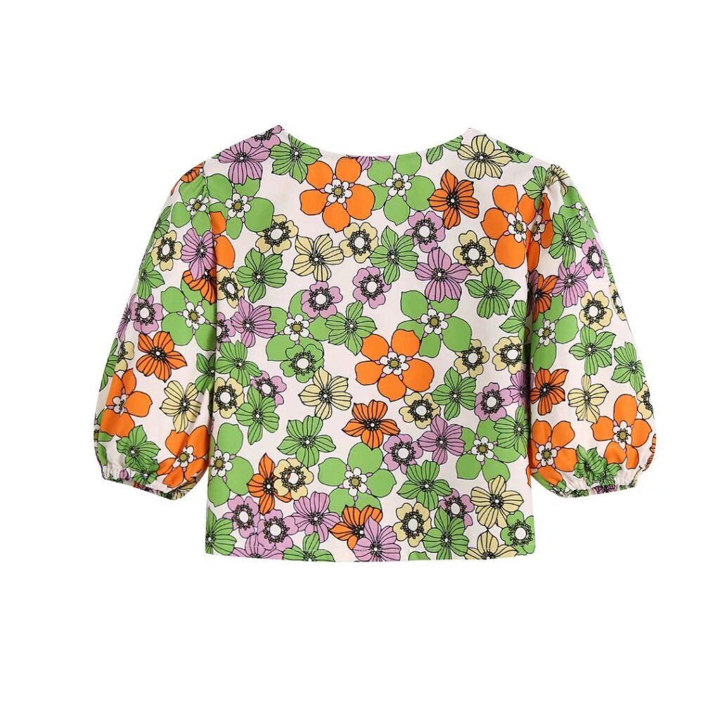 Summer Women Clothing Floral Printed V-neck Puff Sleeve Short Shirt Top - Image 2