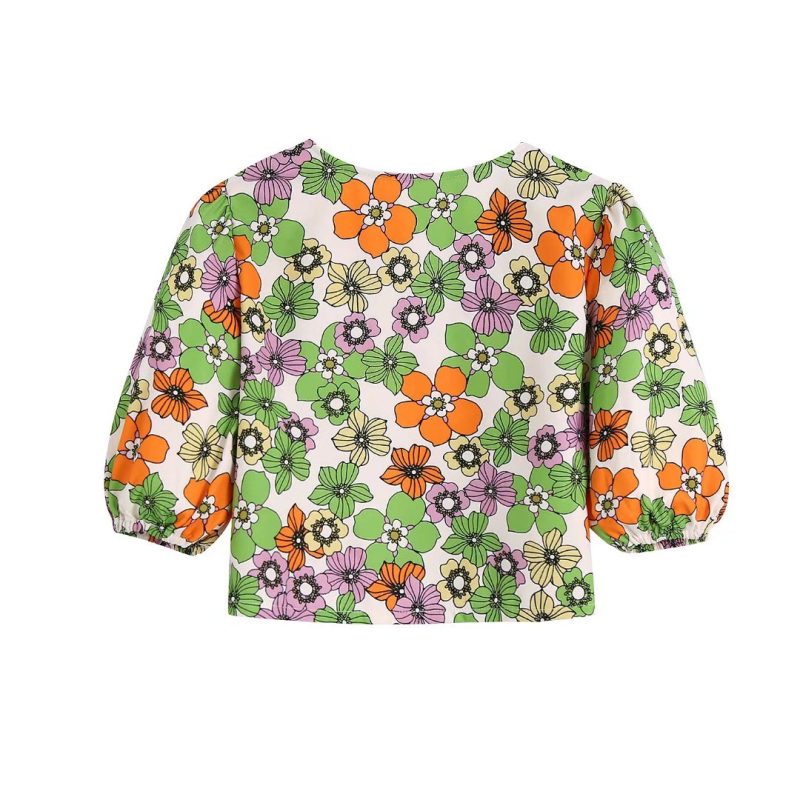 Summer Women Clothing Floral Printed V-neck Puff Sleeve Short Shirt Top - Image 2