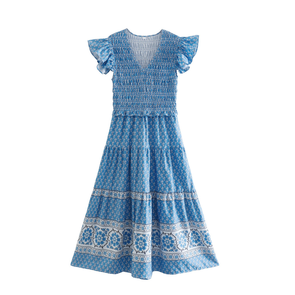 Spring Women Clothes New Casual V-neck Ruffled Sleeve Printed Maxi Dress Smocked Bohemian - Image 2
