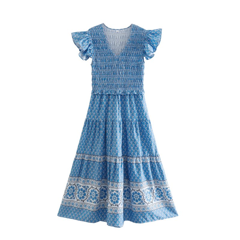 Spring Women Clothes New Casual V-neck Ruffled Sleeve Printed Maxi Dress Smocked Bohemian - Image 2