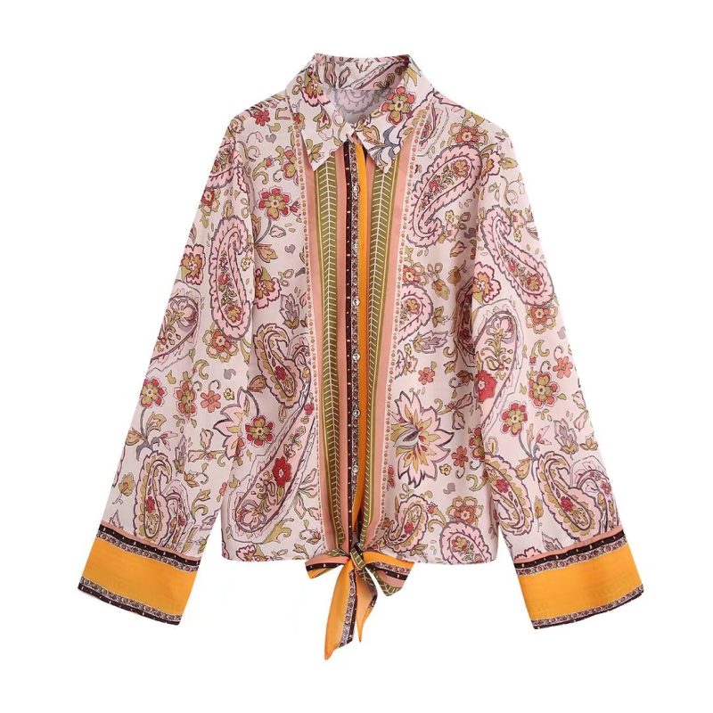 Summer New Women Clothing Bowknot Decoration Printed Shirt - Image 2