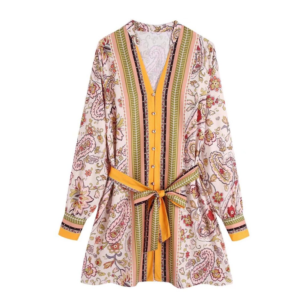 Summer New V-neck Long Sleeve Breasted Multicolor Printing Series Belt Dress for Women - Image 2