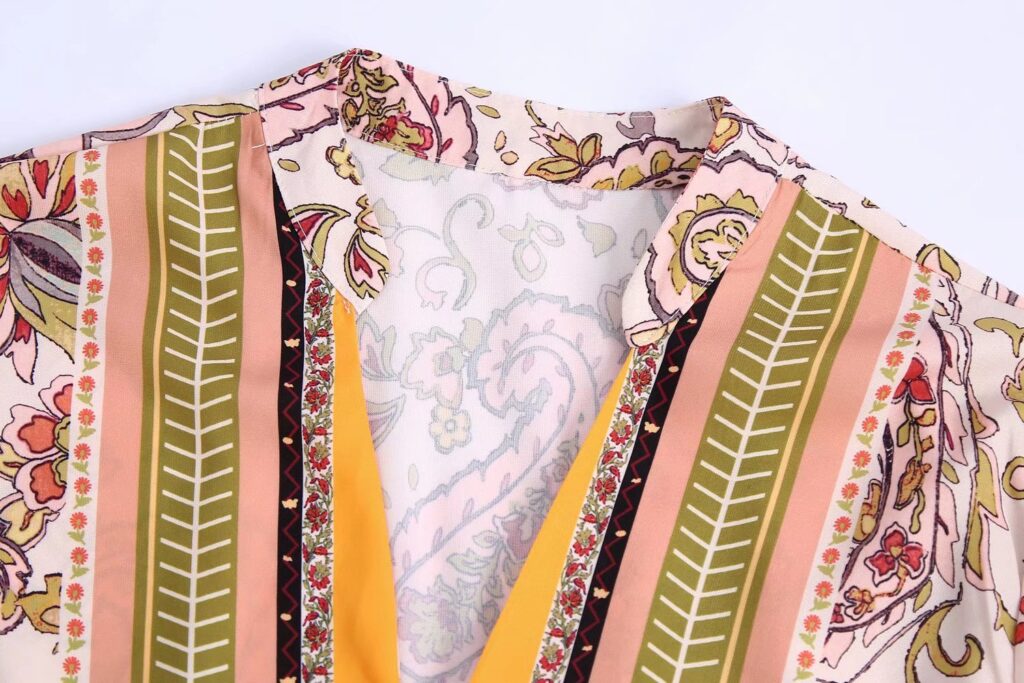Summer New V-neck Long Sleeve Breasted Multicolor Printing Series Belt Dress for Women - Image 3