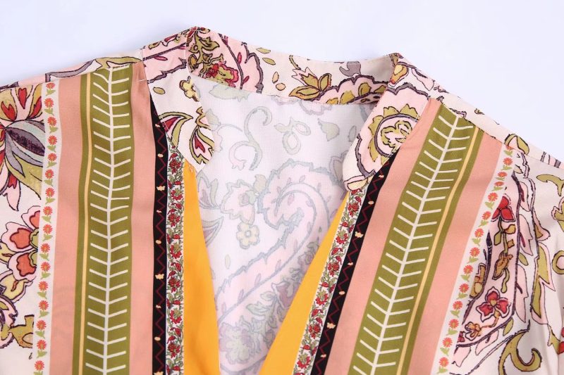 Summer New V-neck Long Sleeve Breasted Multicolor Printing Series Belt Dress for Women - Image 3