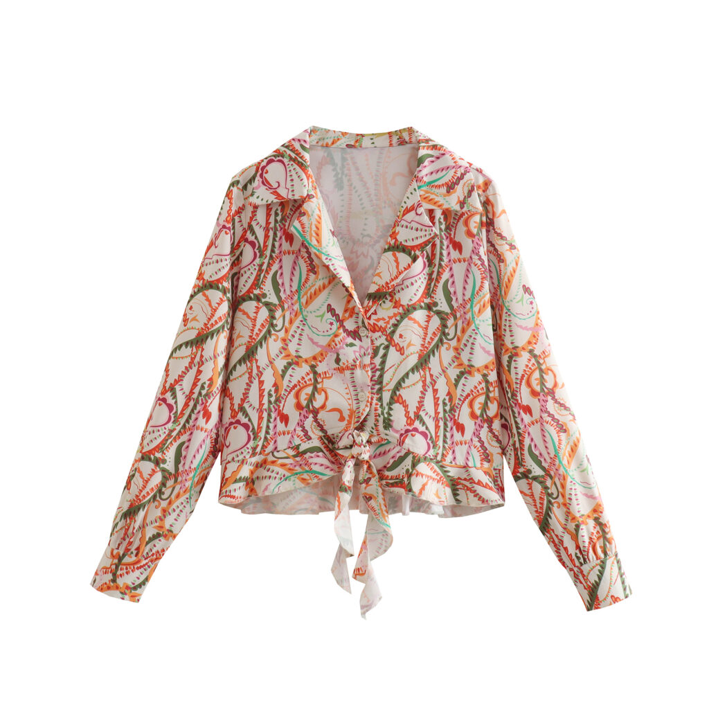 Spring Summer New Women Clothing Bow Tie Printed Shirt Casual Slim-Fit Long-Sleeved Short Top - Image 5