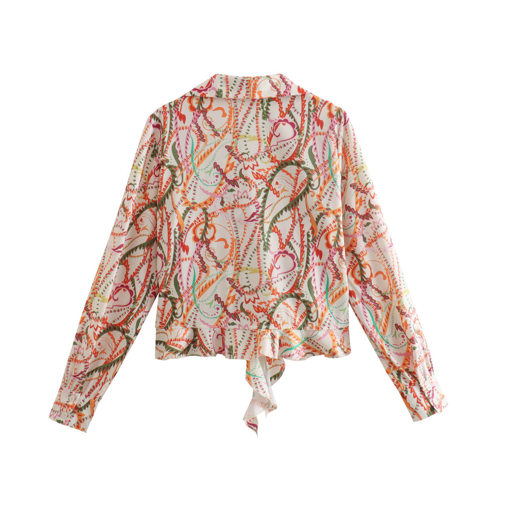 Spring Summer New Women Clothing Bow Tie Printed Shirt Casual Slim-Fit Long-Sleeved Short Top - Image 6