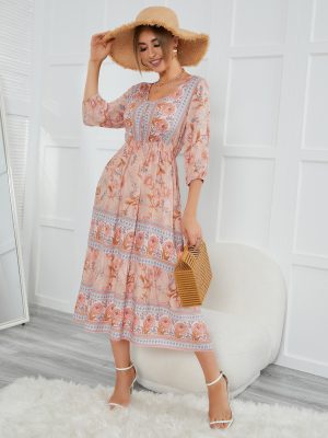 V-neck High Waist Bohemian Dress Women Mid-Length A- line Dress  Women Dress