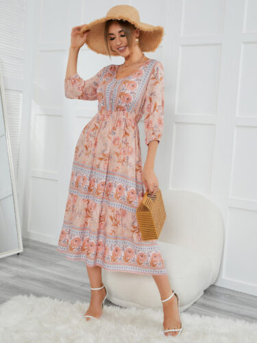 V-neck High Waist Bohemian Dress Women Mid-Length A- line Dress  Women Dress