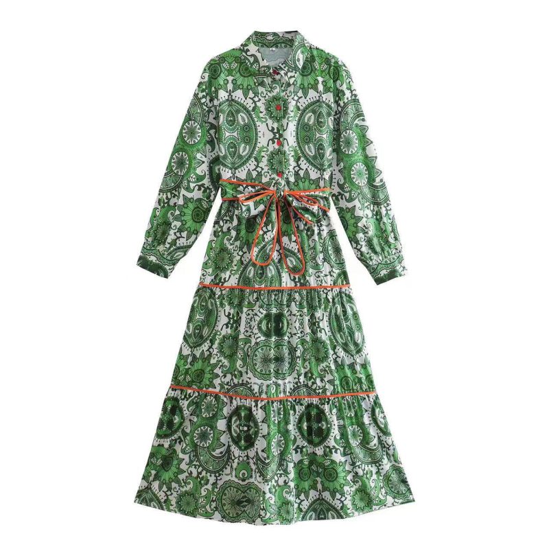 Summer Wind Women Long Sleeve Shirt-Style Lace-up Dress Tiered Dress - Image 2