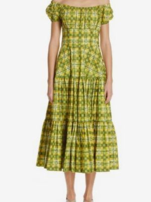 Summer Elegant round Neck Puff Sleeve Green Plaid Tied Tiered Dress