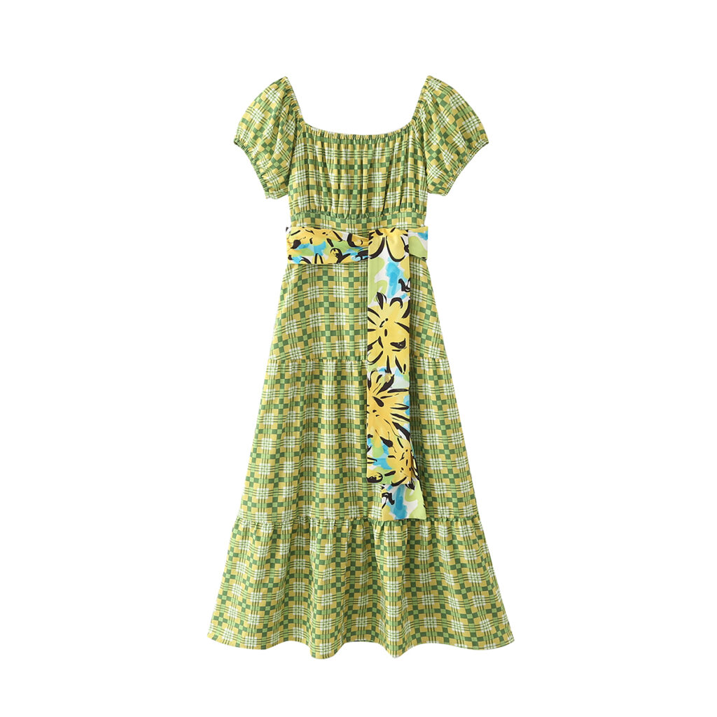 Summer Elegant round Neck Puff Sleeve Green Plaid Tied Tiered Dress - Image 4