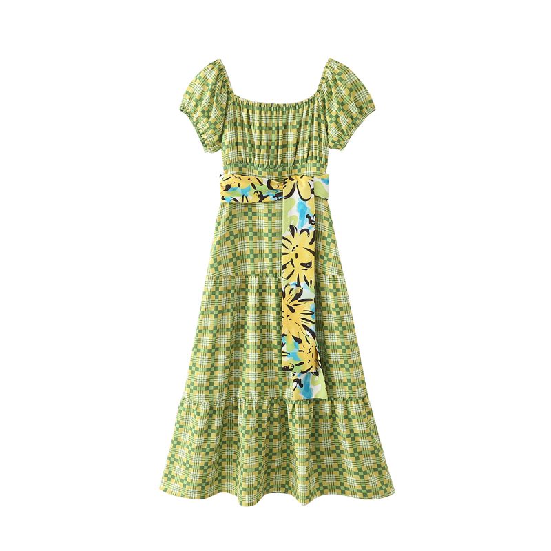 Summer Elegant round Neck Puff Sleeve Green Plaid Tied Tiered Dress - Image 4
