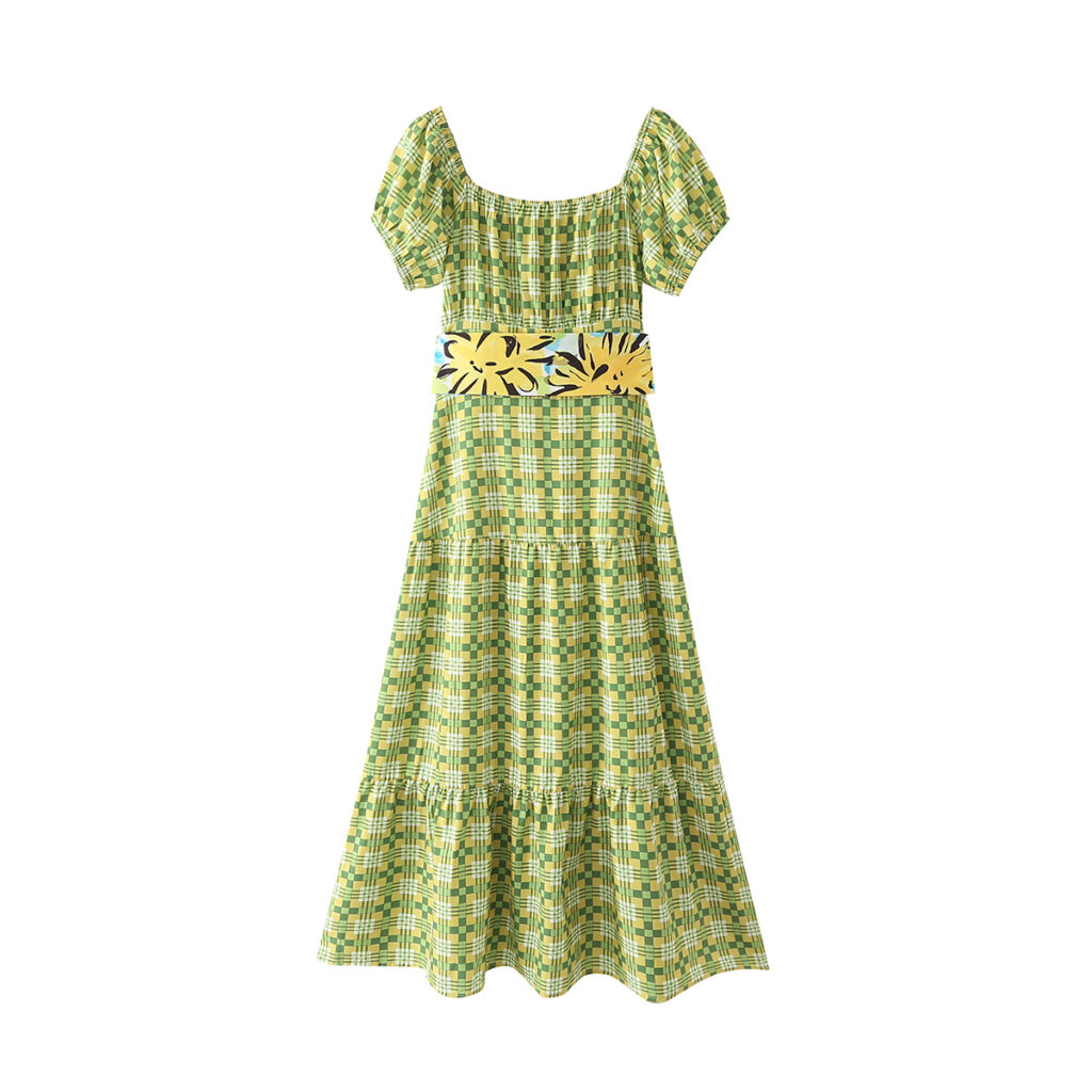 Summer Elegant round Neck Puff Sleeve Green Plaid Tied Tiered Dress - Image 5