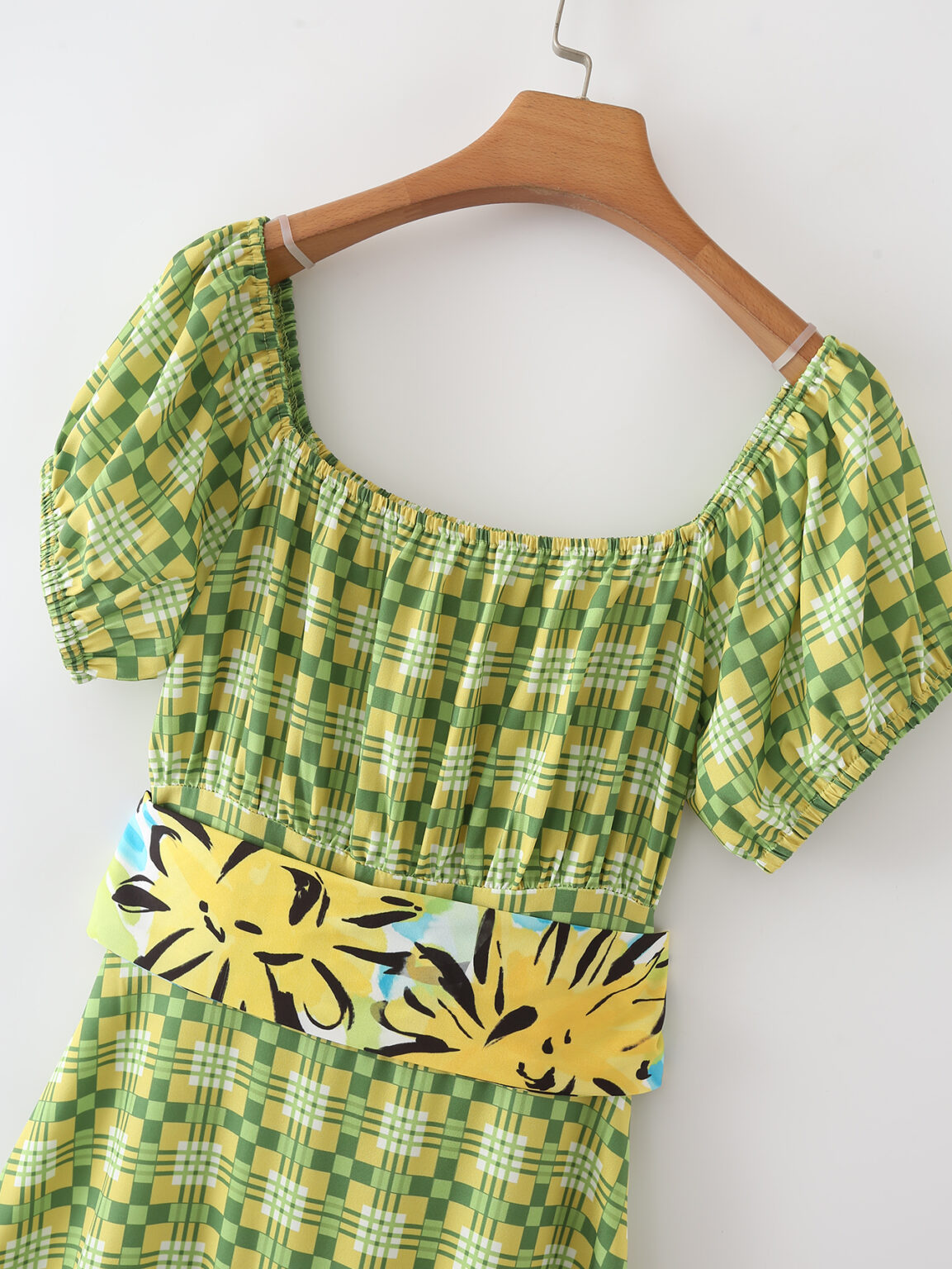 Summer Elegant round Neck Puff Sleeve Green Plaid Tied Tiered Dress - Image 6