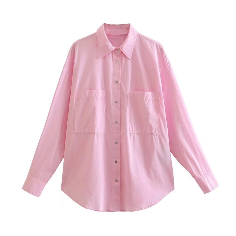Women Clothes Polo Collar Breasted Long Sleeve Patch Pocket Decoration Two-Color Poplin Blouse - Image 3