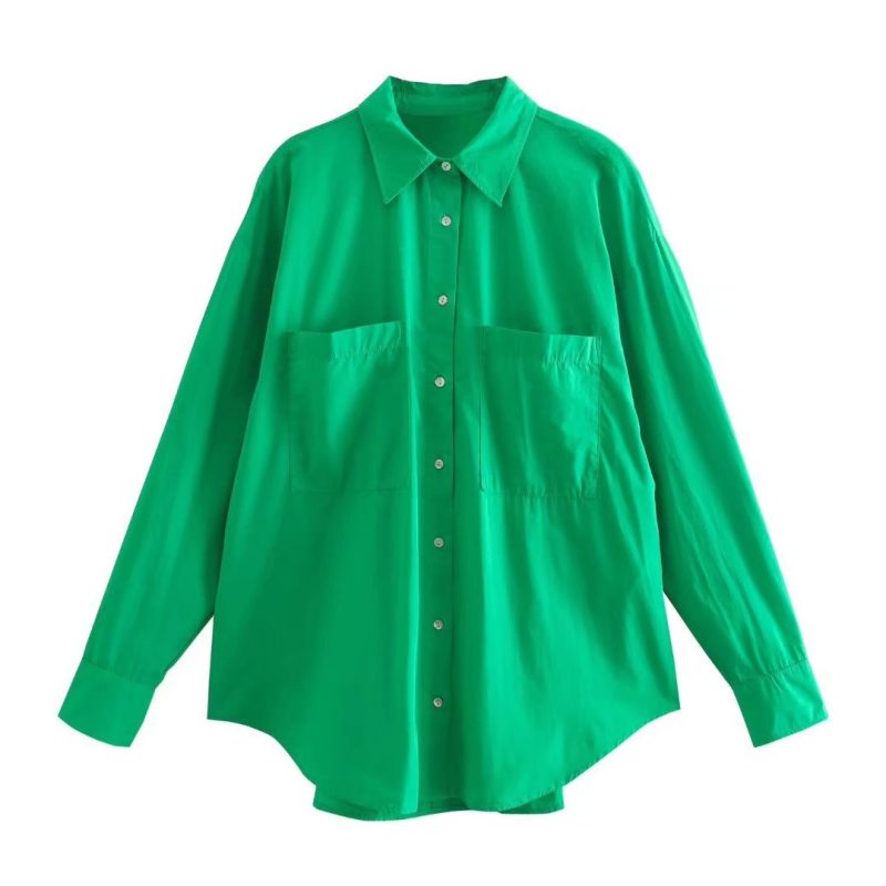 Women Clothes Polo Collar Breasted Long Sleeve Patch Pocket Decoration Two-Color Poplin Blouse - Image 2