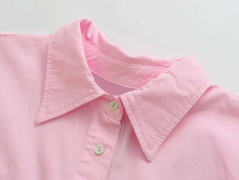 Women Clothes Polo Collar Breasted Long Sleeve Patch Pocket Decoration Two-Color Poplin Blouse - Image 5