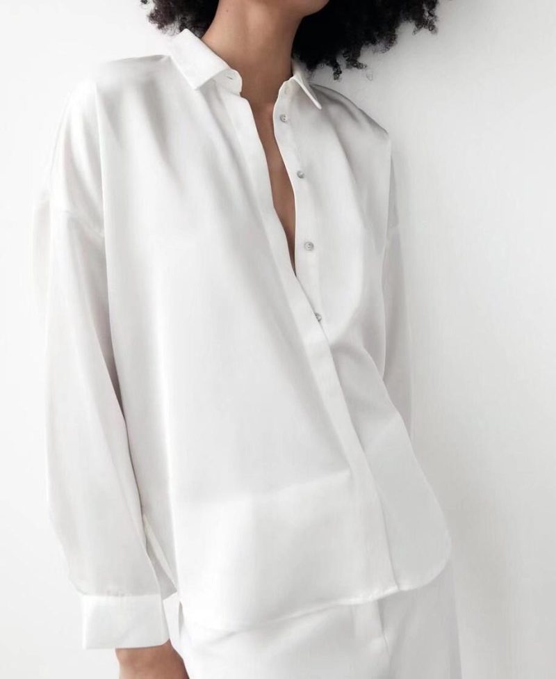 Spring Women Clothing Slimming Shoulder Sleeve Silk Satin Texture Shirt - Image 2
