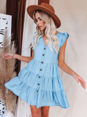 Summer Sleeveless Denim  Women Ruffled Babydoll Dress Denim