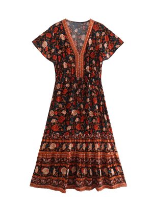 Summer Positioning Printed Dress V-neck Lace-up Waist Trimming Short-Sleeved Dress Women Dress