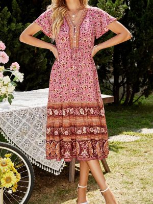 Women Clothing Summer Rayon Positioning Printed Dress V-neck Lace-up Vacation Dress Bohemian