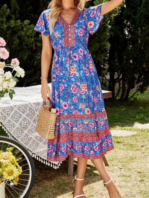 Women Clothing Spring V-neck Positioning Printed Waist-Controlled Vacation Dress Women