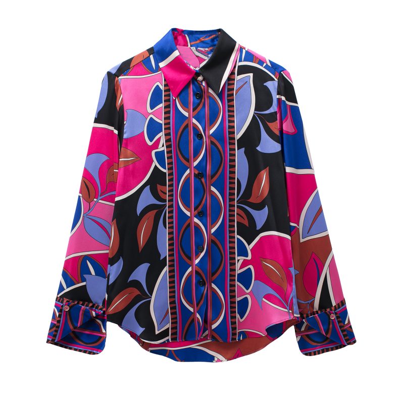 Spring Summer Retro Texture Collared Long Sleeve Printed Vertical Shirt for Women - Image 5