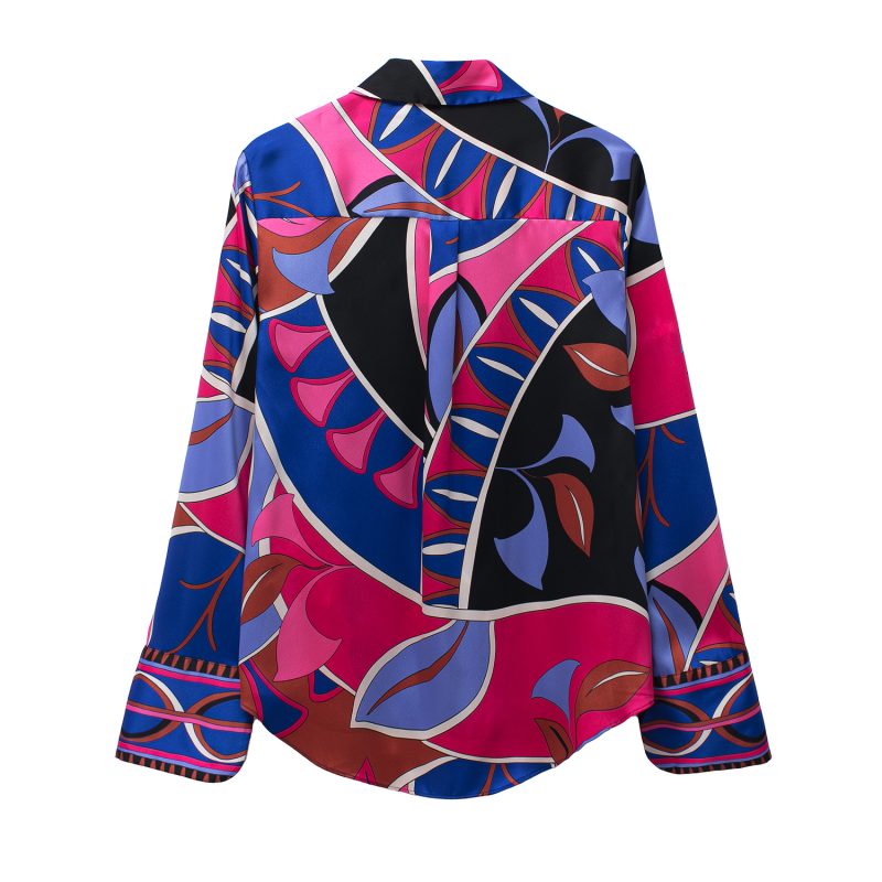 Spring Summer Retro Texture Collared Long Sleeve Printed Vertical Shirt for Women - Image 6