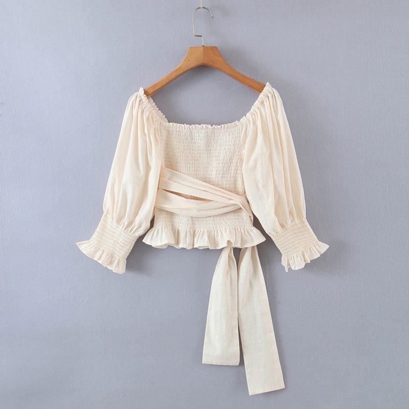 Women Spring French Vintage Women Elastic Band Shirt Top - Image 4