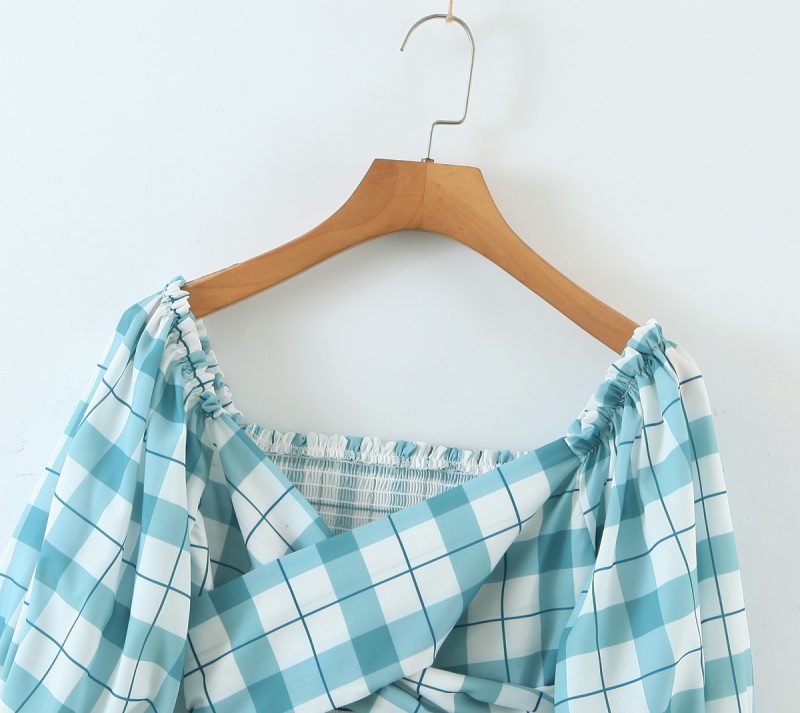 French Retro Street Short Green Plaid Elastic Bandage Shirt Top - Image 2